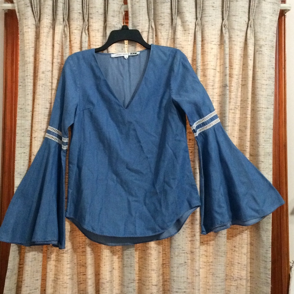 Lovers + Friends Denim Seawater Chambray Bell Sleeve V-Neck Shirt
